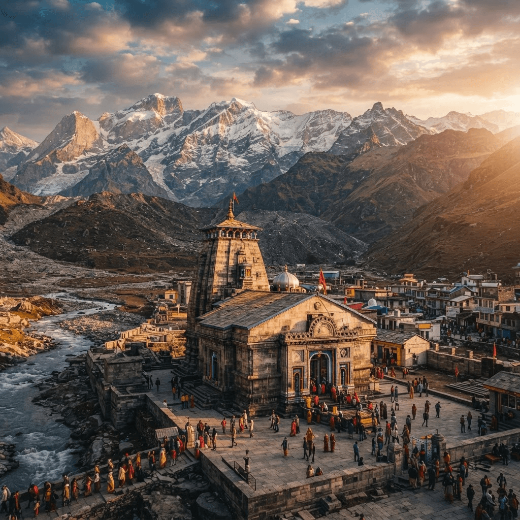 Kedarnath temple with prayer flags at dawn
